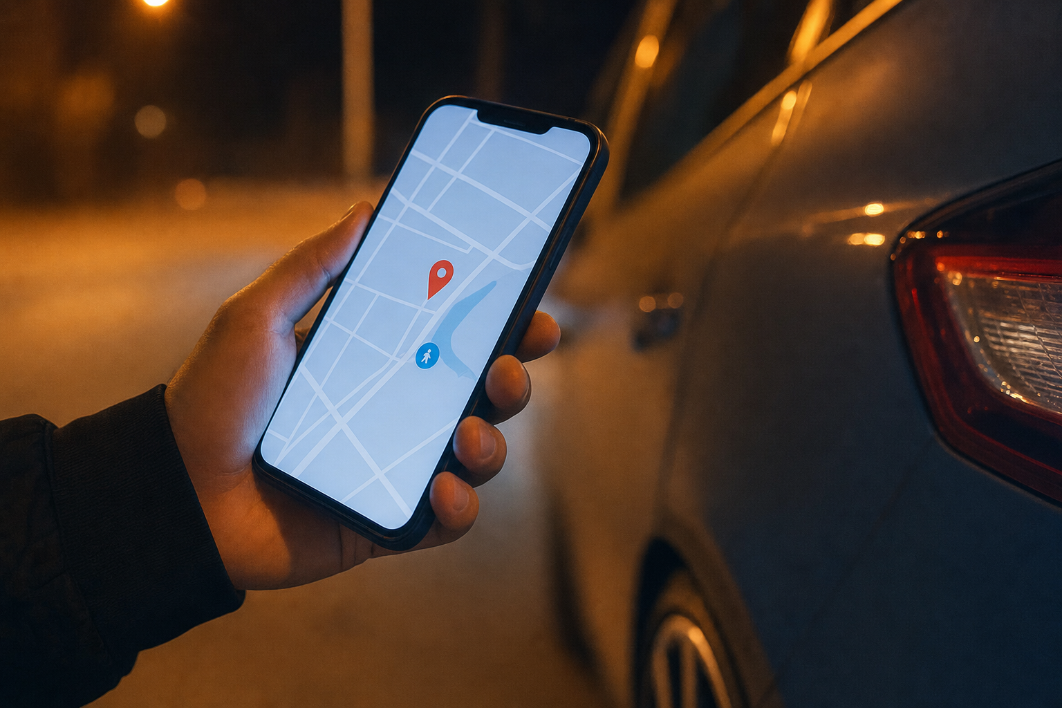 Person hält Smartphone mit Kartenansicht und Standort-Markierungen bei Nacht